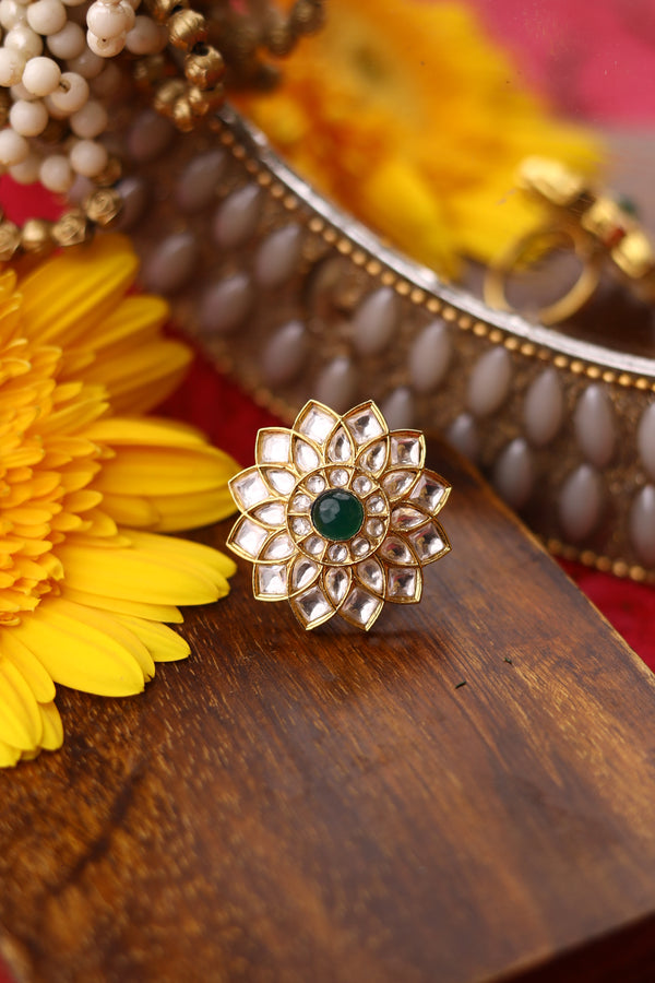 Gold Plated Kundan Ring (Green)