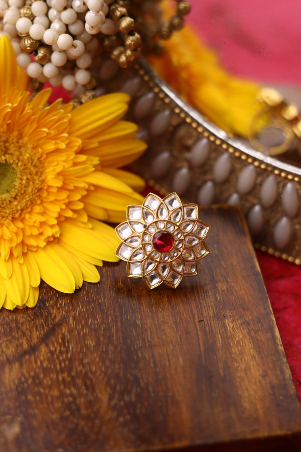 Gold Plated Kundan Ring (Ruby)