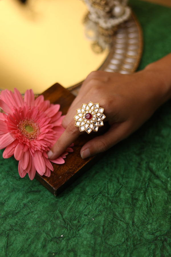 Gold Plated Kundan Ring (Ruby)